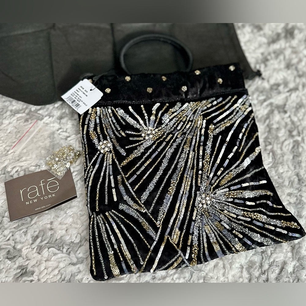 Rafe Audrey Beaded Velvet Evening Bag Black Gold Ring Handle NWT Rare